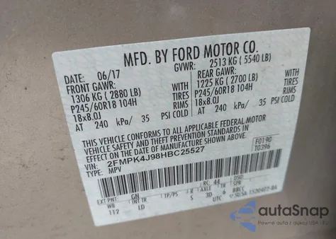 2017 Ford Edge Sel из США, поврежденный, VIN 2FMPK4J98HBC25527